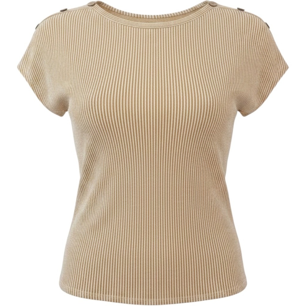 Hylete M Yellow‎ & White Striped T-Shirt Button Detail Short Sleeve cute Top Tee